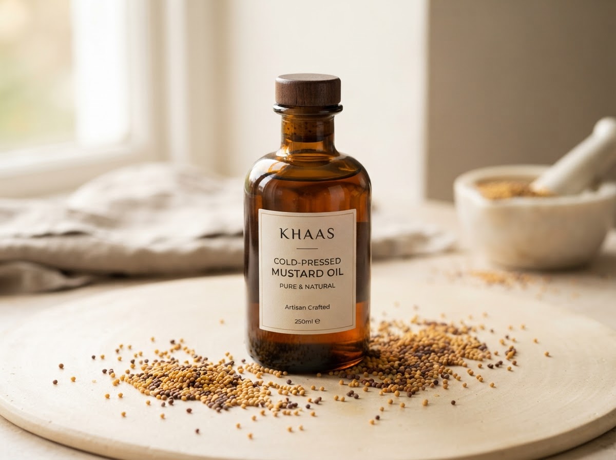 Cold-pressed mustard oil in an amber glass bottle with mustard seeds