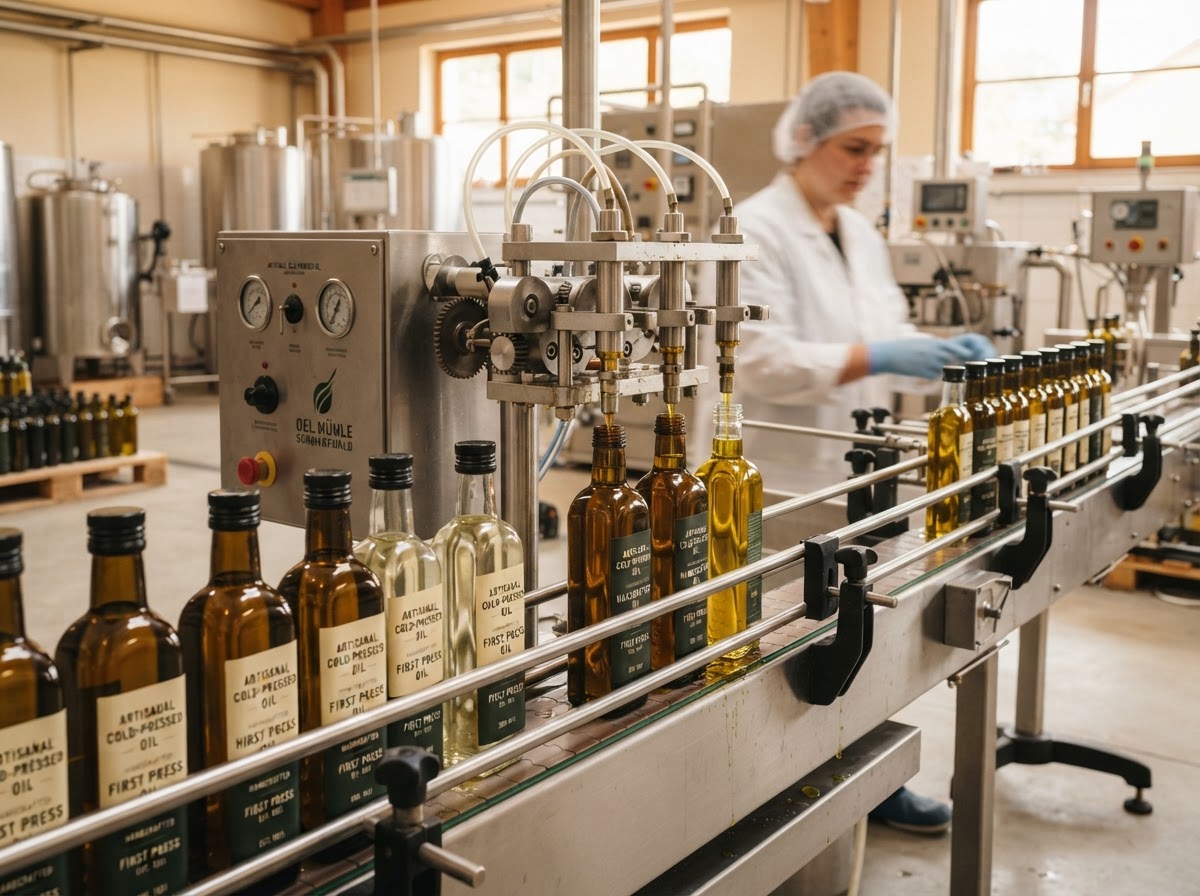 Finished oil being bottled on a packaging line