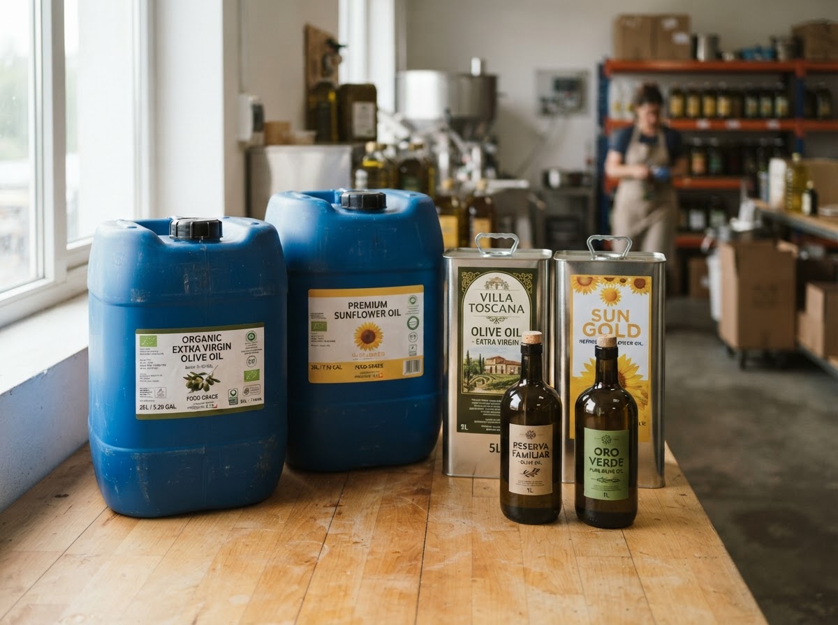 Food-grade bottles, tins and drums used for packaging cold-pressed oil