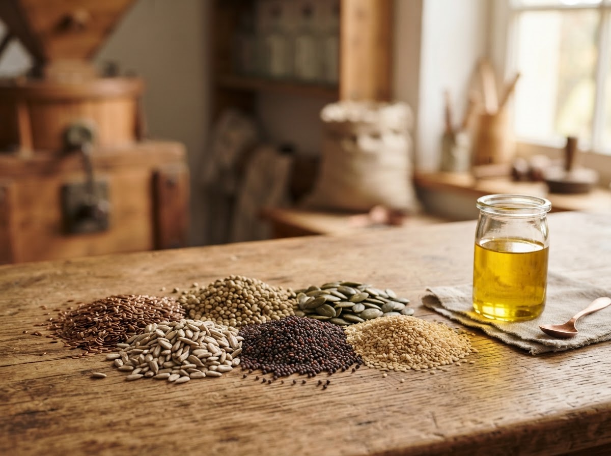 Assorted raw oilseeds arranged beside a small glass of golden oil