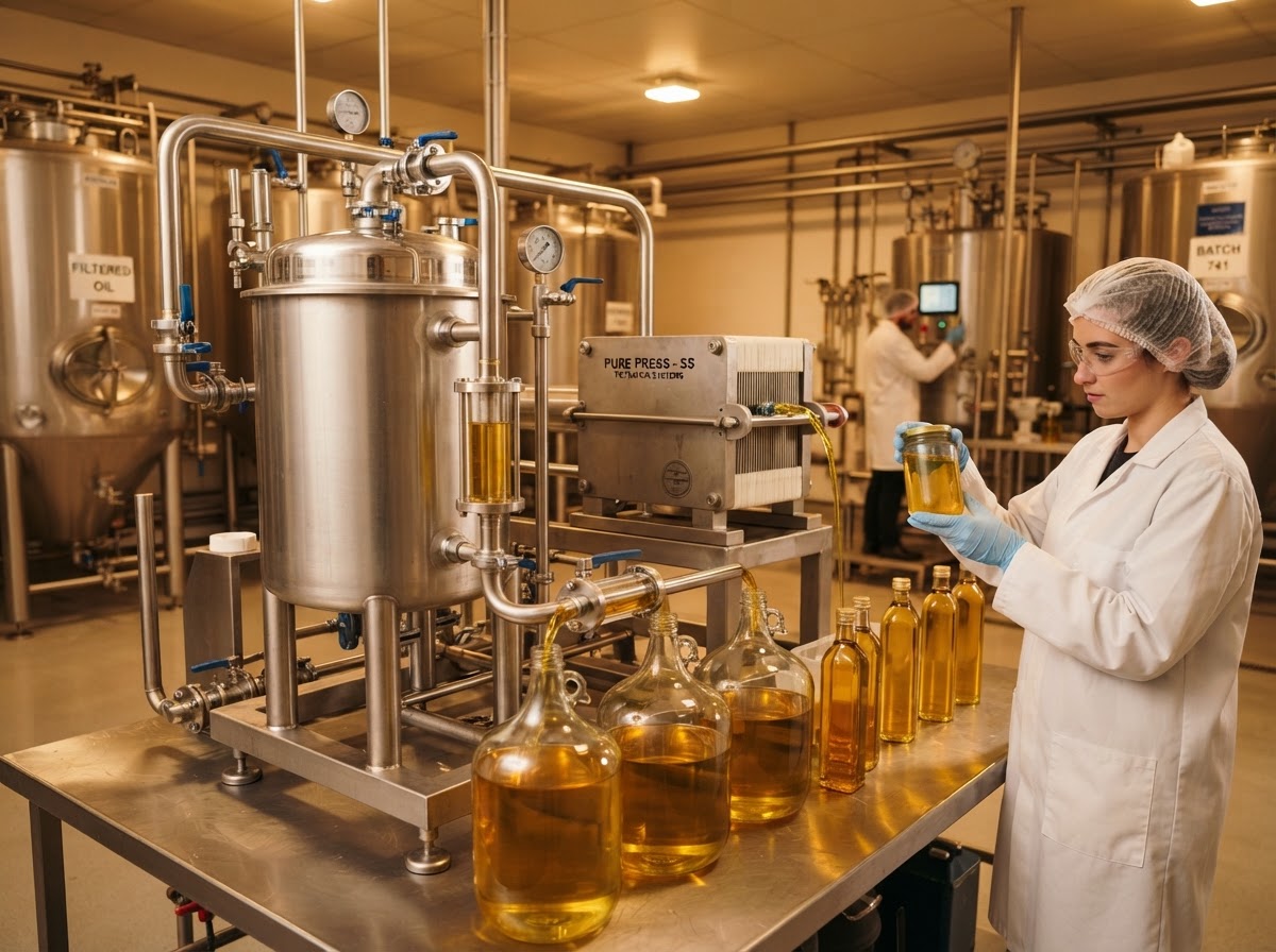 Golden oil being filtered through stainless steel equipment