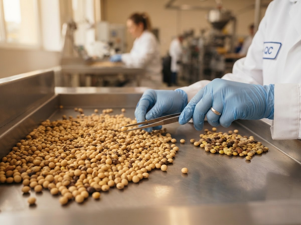 Oilseeds being inspected and sorted on a clean surface