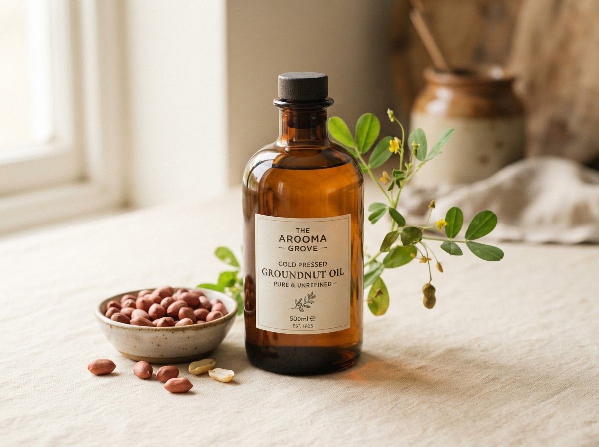 Cold-pressed groundnut oil in an amber glass bottle with raw peanuts