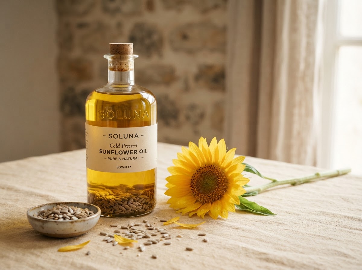 Cold-pressed sunflower oil in a clear glass bottle with sunflower seeds