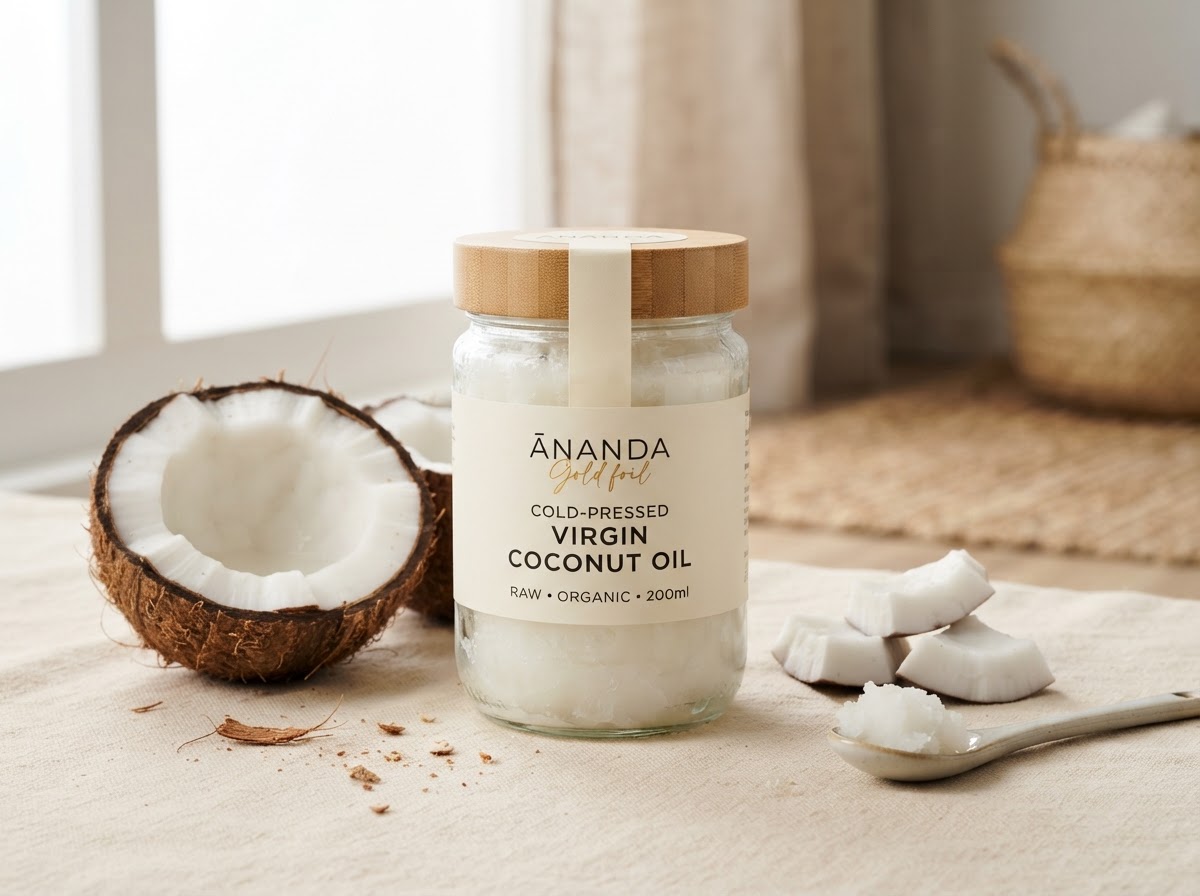 Cold-pressed coconut oil in a clear glass jar with fresh coconut