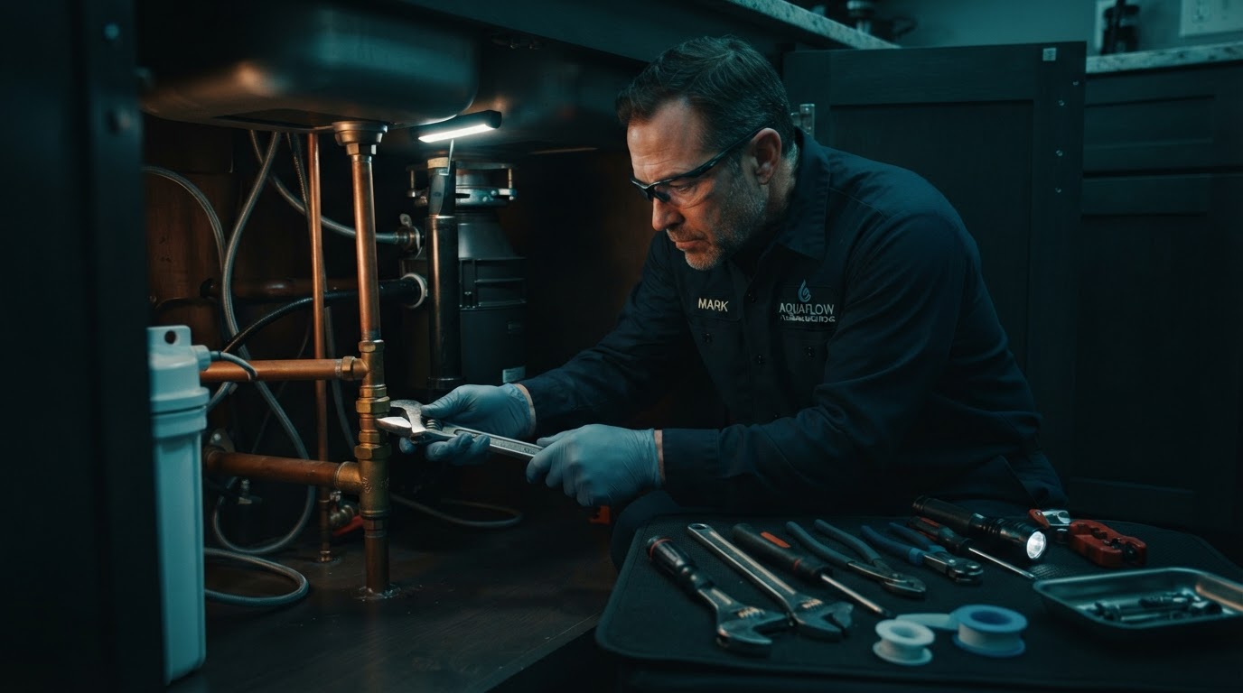 Professional plumber working under a residential sink with tools laid out