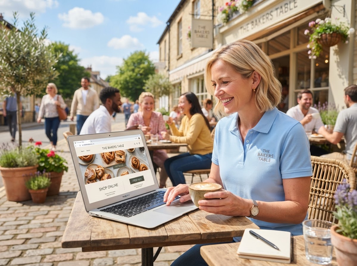 Business owner reviewing a high-converting website on a laptop