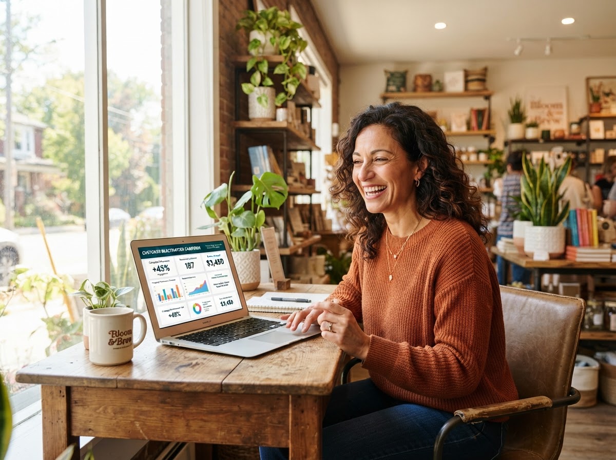 Business owner studying a laptop screen showing a list of past customers ready for a reactivation campaign