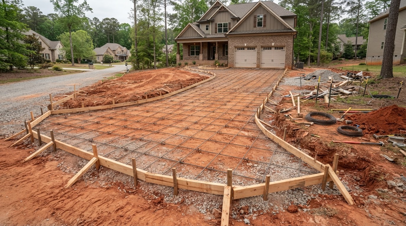 Concrete driveway site during excavation and prep — raw Georgia clay, formwork and steel rebar grid before pouring