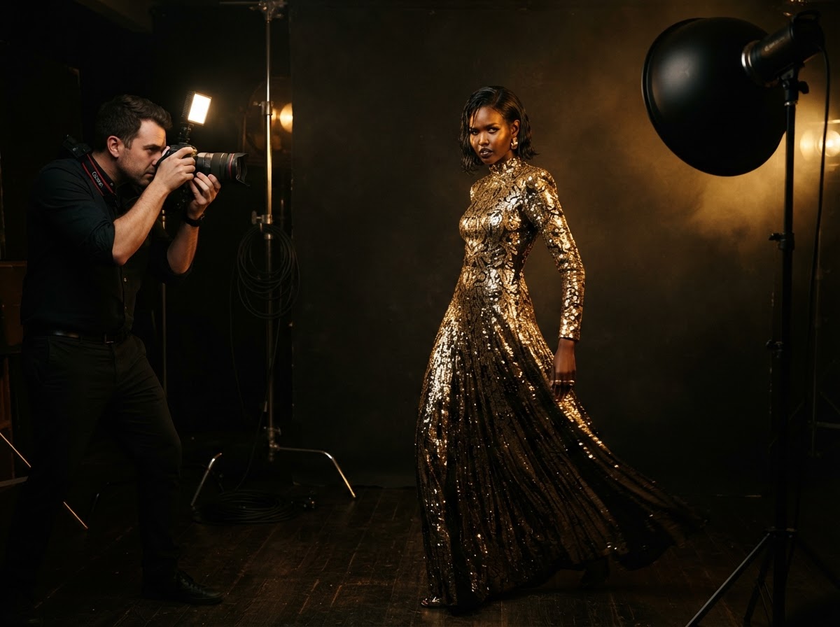 Professional studio photoshoot under dramatic gold lighting
