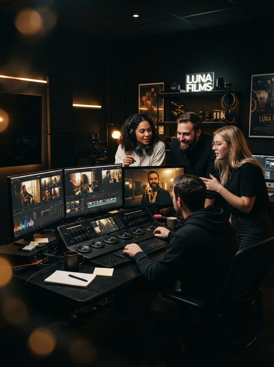 Creative video production team collaborating around monitors