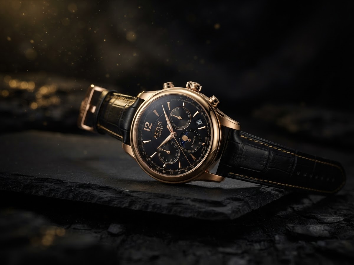 Luxury product advertising shoot with dramatic gold lighting