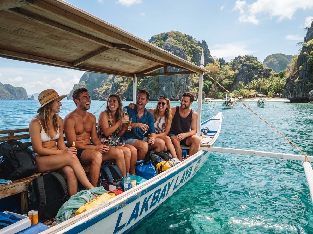 Group of travelers on a boat touring Palawan islands
