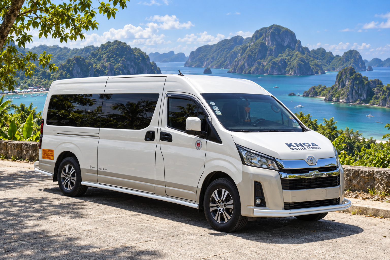 KNOA Shuttle Service tourist van in Palawan overlooking turquoise waters and limestone islands