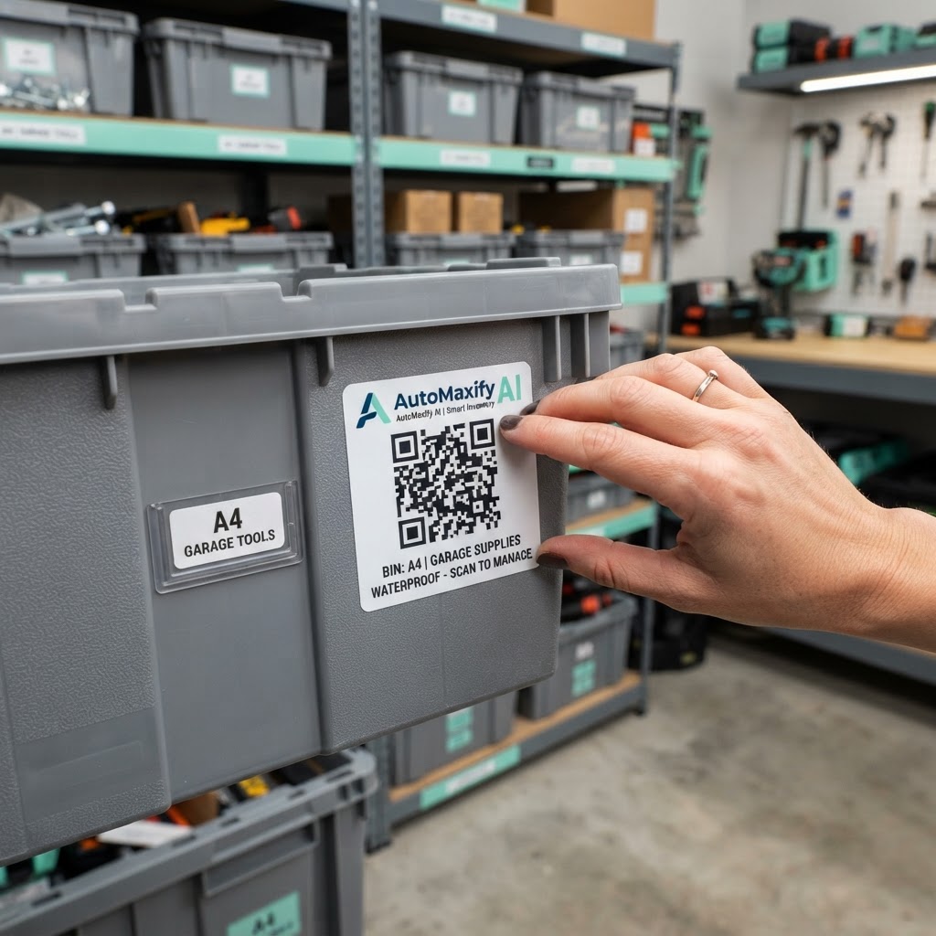 Applying AutoMaxify AI QR code to a storage bin