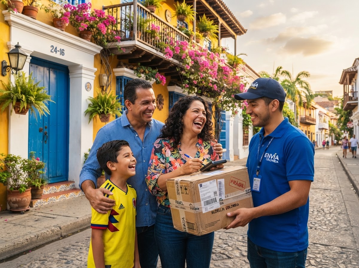 Familia colombiana recibiendo un paquete enviado desde Madrid con MandaloYa