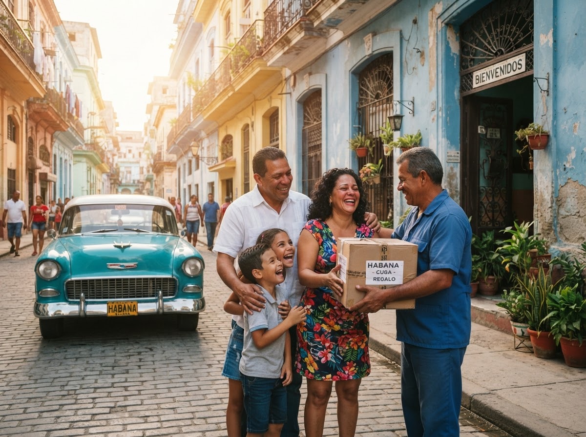 Familia cubana recibiendo un paquete enviado desde Madrid con MandaloYa