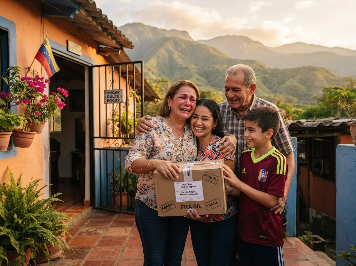 Familia venezolana recibiendo un paquete enviado desde Madrid con MandaloYa