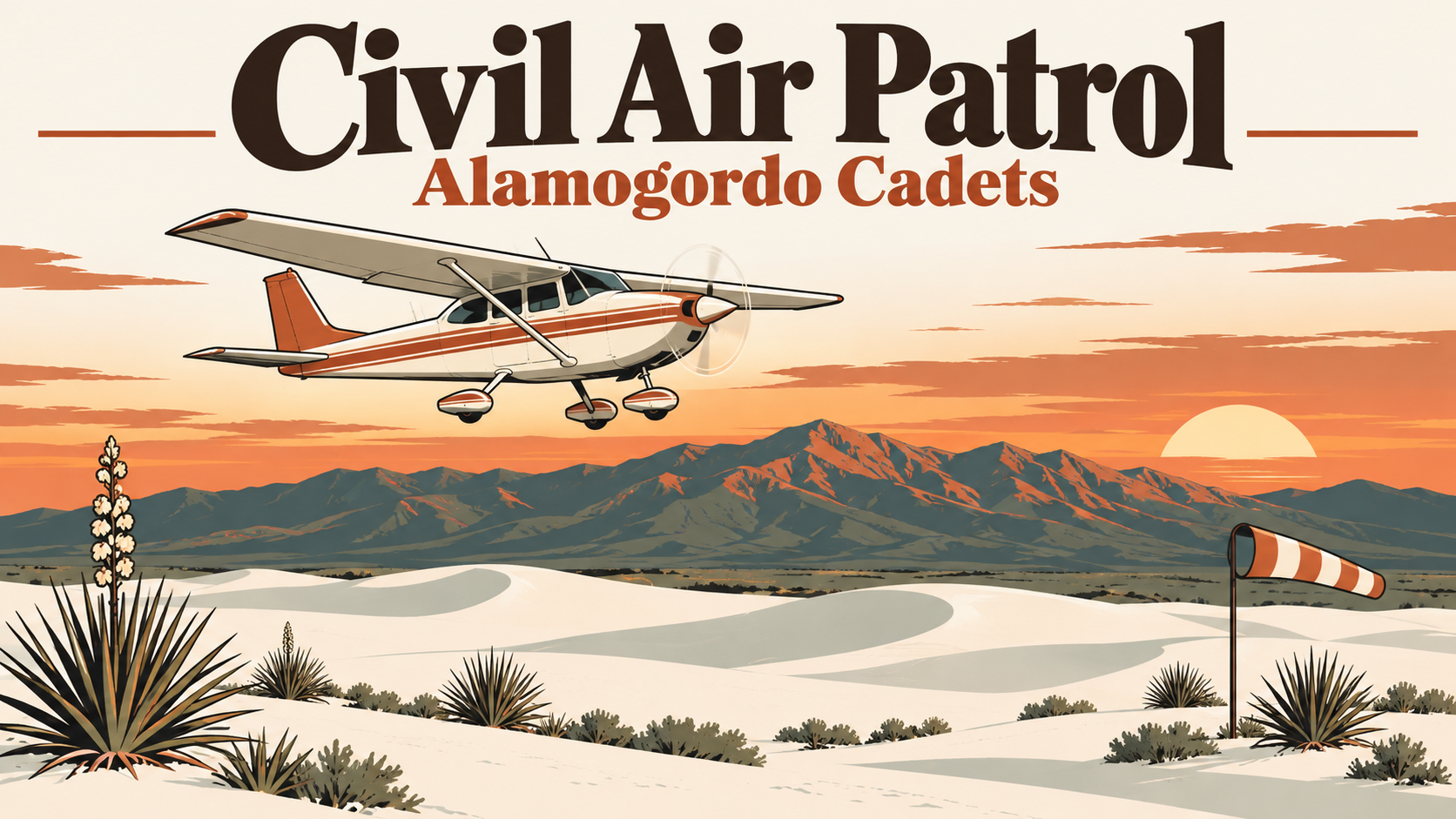 Illustrated poster of a small propeller airplane flying over desert mountains and white sand dunes at dusk, with the words Civil Air Patrol and Alamogordo Cadets
