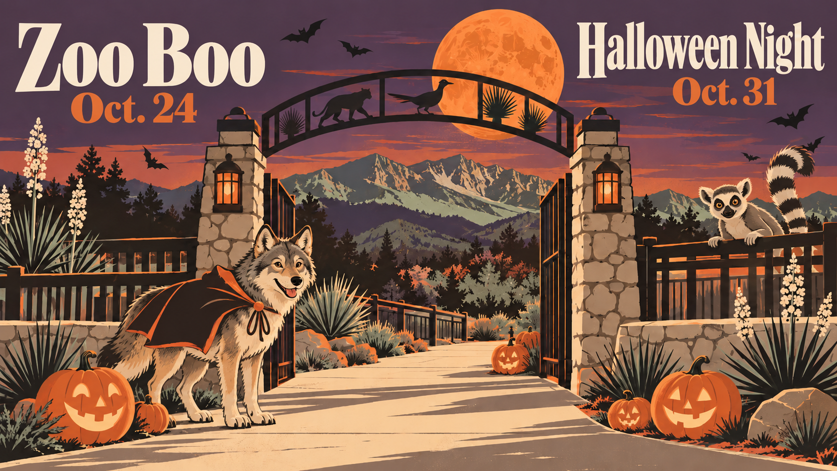 Illustrated poster of a zoo entrance at dusk with jack-o'-lanterns, a cartoon Mexican gray wolf in a cape and a ring-tailed lemur on the fence, with the text Zoo Boo, Oct. 24 and Halloween Night, Oct. 31
