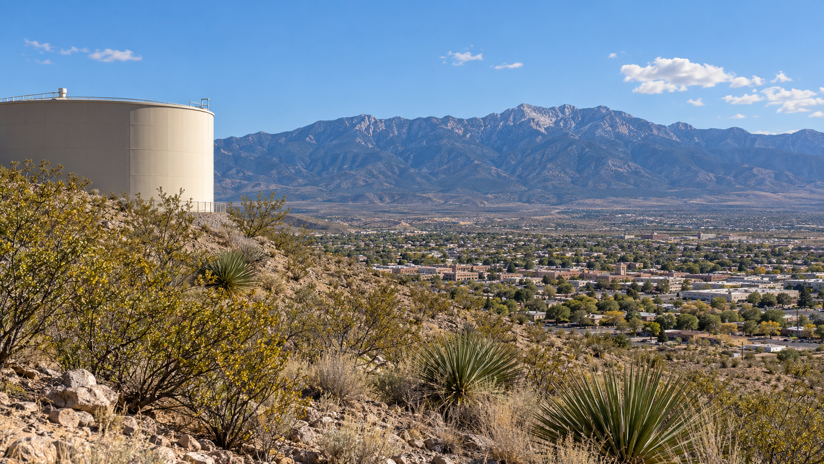 Water storage tank on a hillside above Alamogordo, New Mexico, with desert and mountains in the background