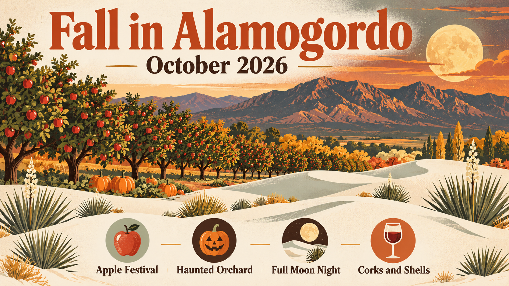 Illustrated travel poster of an apple orchard and pumpkin patch in the foothills, with white sand dunes, yuccas, a full moon over the Sacramento Mountains and the words Fall in Alamogordo, October 2026