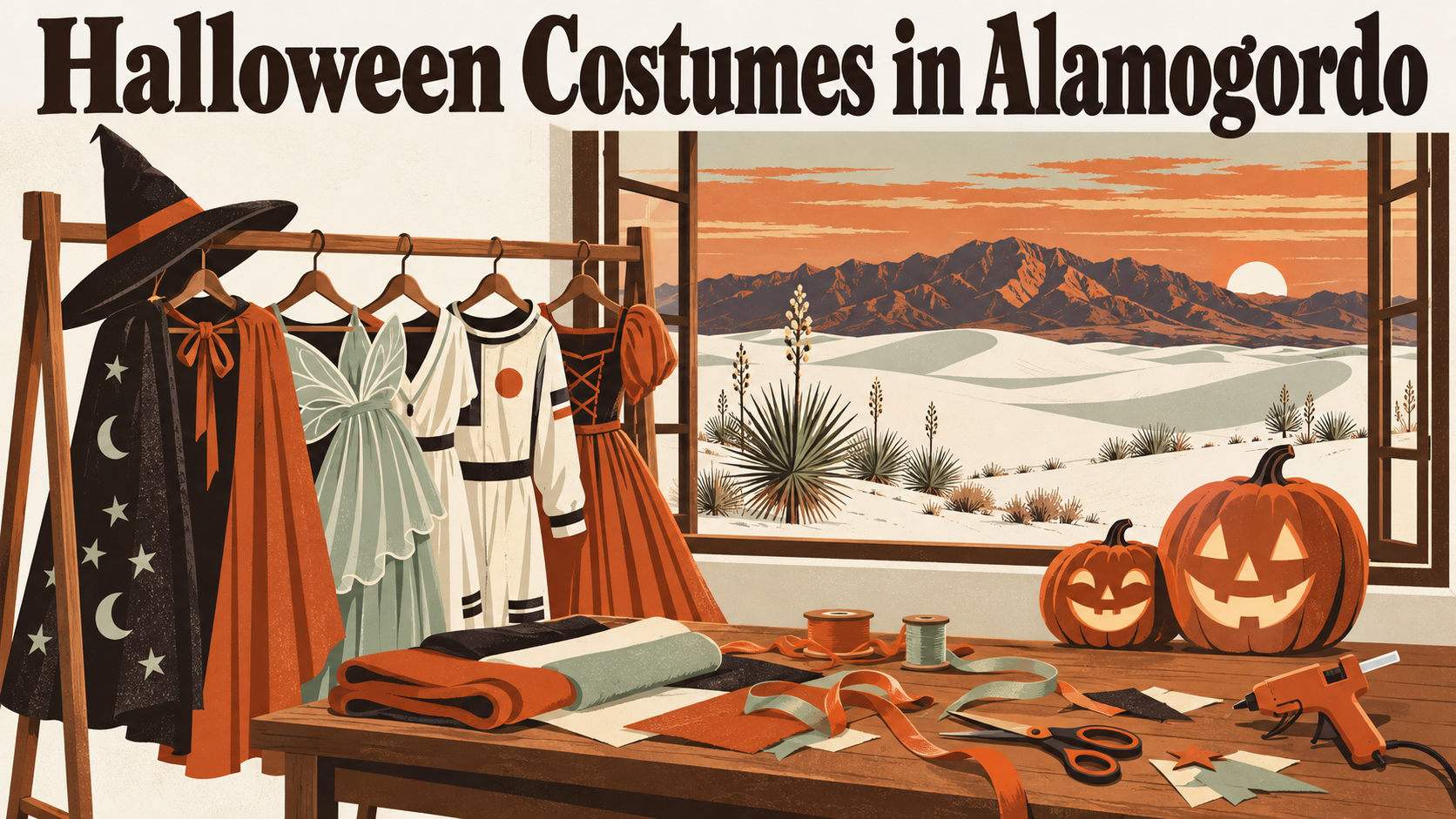 Flat travel poster illustration of a costume rack, a witch hat, a small astronaut helmet and craft supplies on a table, with white sand dunes and the Sacramento Mountains at dusk and the words Halloween Costumes in Alamogordo