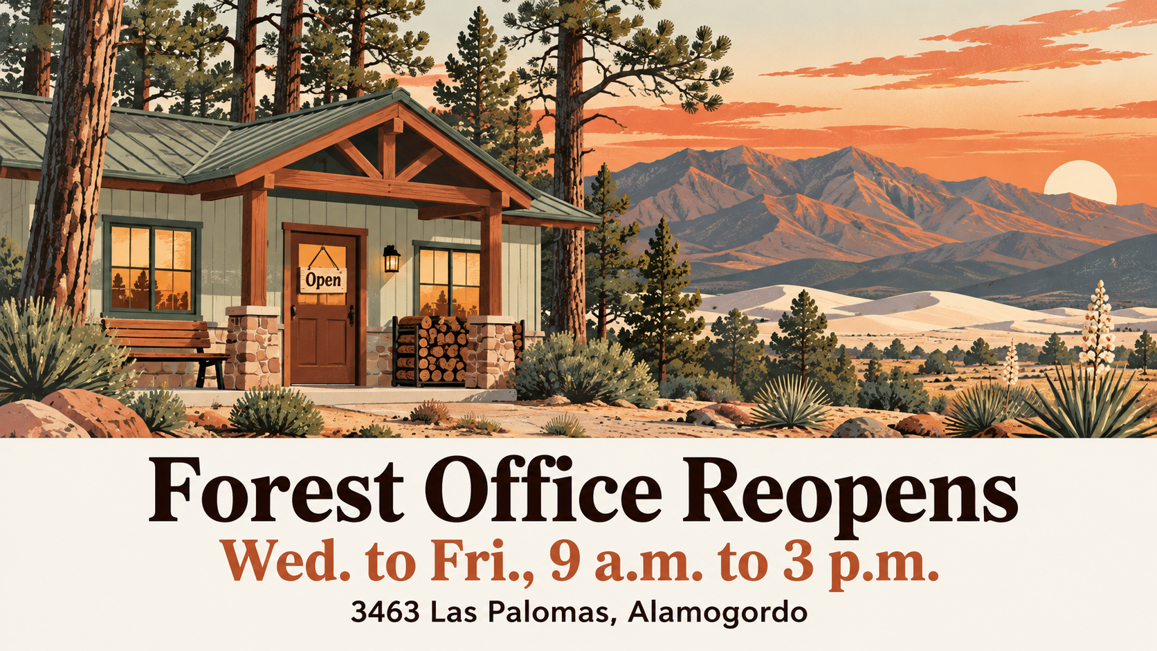 Flat illustration of a small forest office building with an Open sign among tall pines, the Sacramento Mountains at dusk behind, and the words Forest Office Reopens, Wed. to Fri., 9 a.m. to 3 p.m., 3463 Las Palomas, Alamogordo