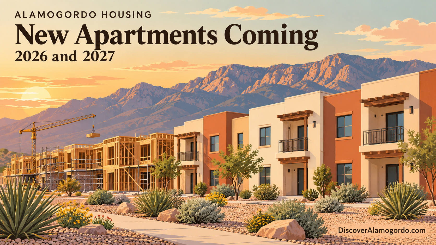 Illustration of new two-story townhome-style apartments under construction in a desert town with mountains in the background