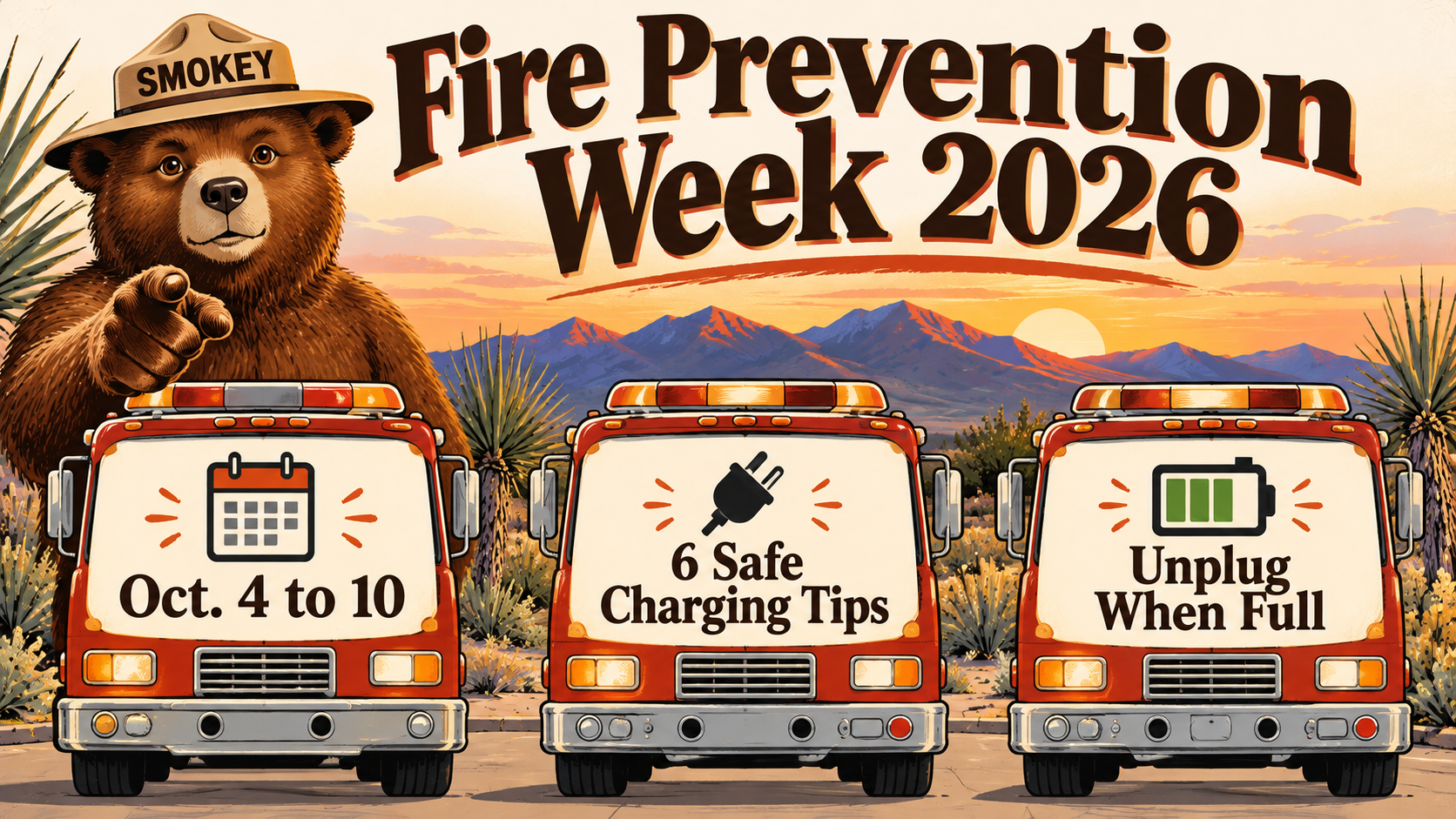 Illustrated poster titled Fire Prevention Week 2026 with three red fire trucks in front of the Sacramento Mountains at sunset, their windshields reading Oct. 4 to 10, 6 Safe Charging Tips, and Unplug When Full