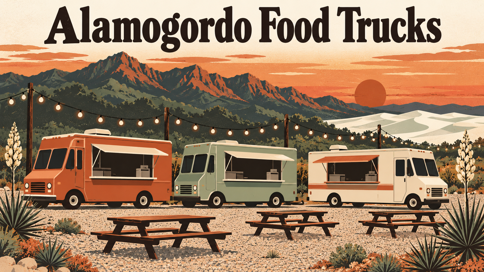 Flat travel poster illustration of three colorful food trucks parked under string lights at dusk with the Sacramento Mountains and yuccas behind them and the words Alamogordo Food Trucks