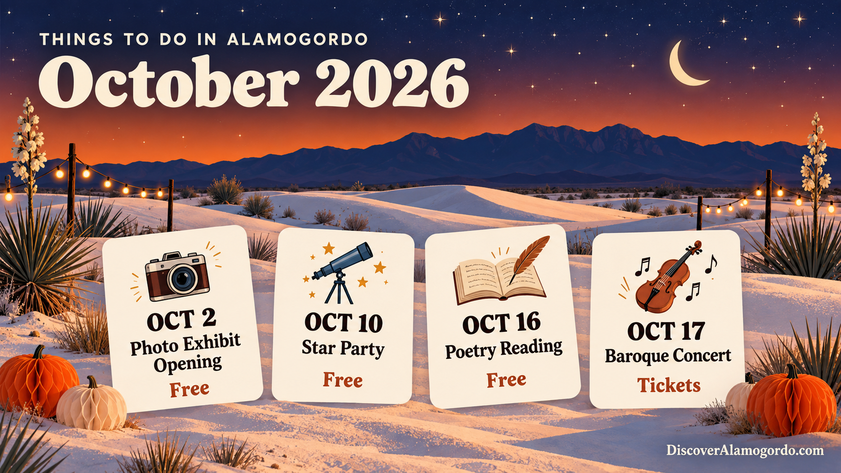 October 2026 in Alamogordo: photography exhibit opening October 2, free star party October 10, poetry reading October 16, Baroque concert October 17