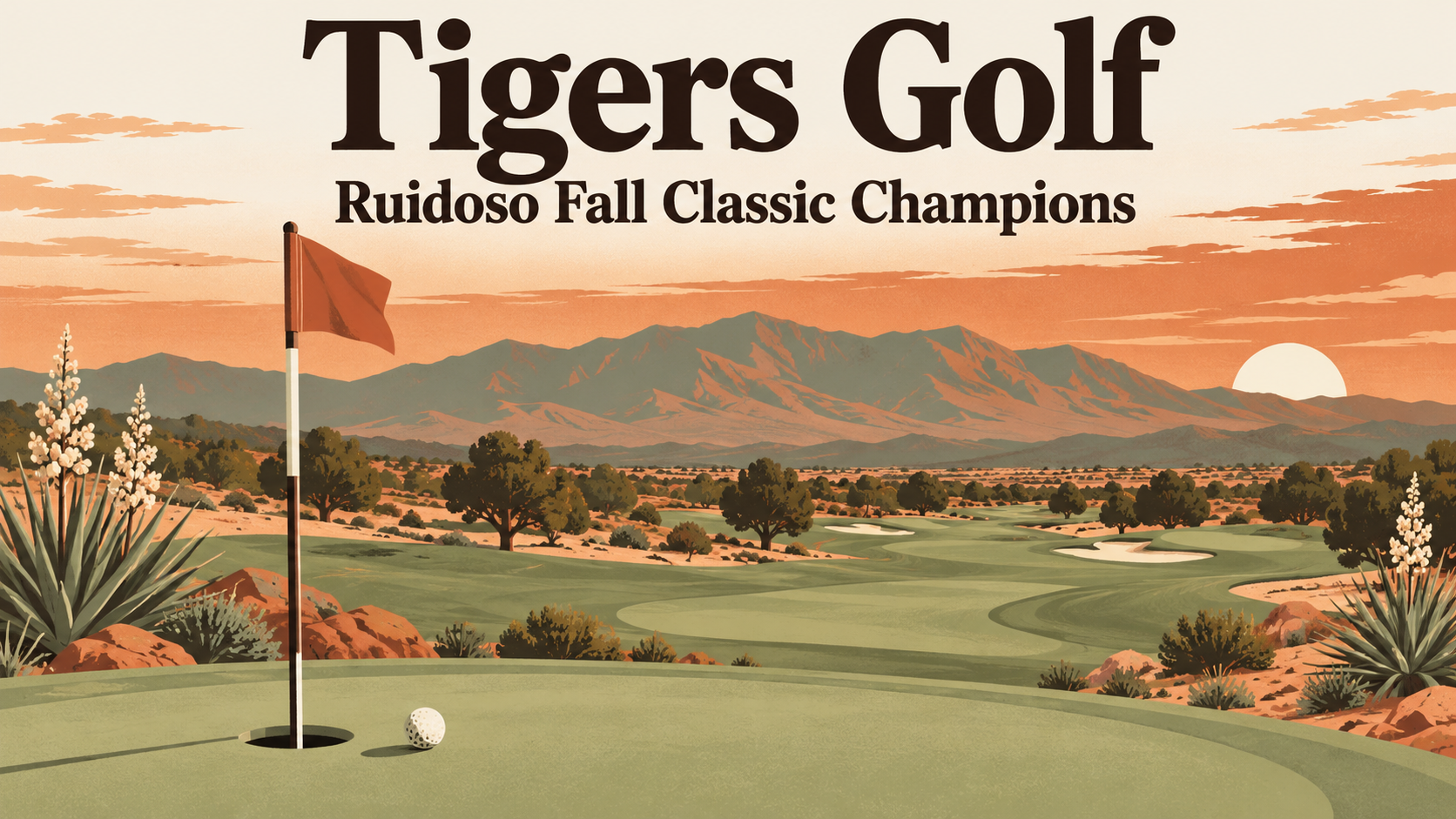 Illustrated travel poster of a golf flag and ball on a green fairway with yuccas and the Sacramento Mountains at dusk, with the words Tigers Golf, Ruidoso Fall Classic Champions