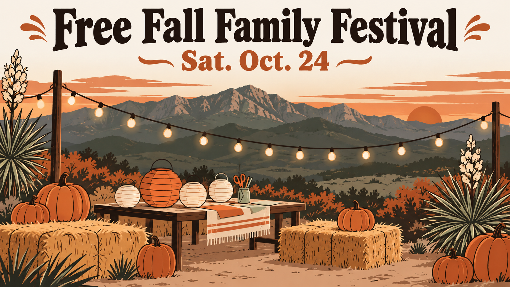 Flat travel poster illustration of a cozy fall festival scene at dusk with pumpkins, hay bales, string lights and a small craft table, the Sacramento Mountains behind, under the words Free Fall Family Festival and Sat. Oct. 24.