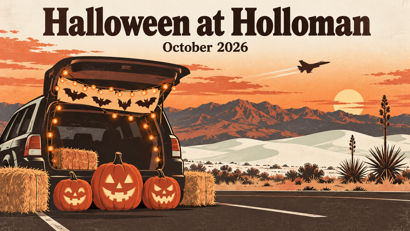Flat travel poster illustration of carved pumpkins and a decorated car trunk with string lights at dusk, a jet silhouette in the sky over the Sacramento Mountains and the words Halloween at Holloman, October 2026