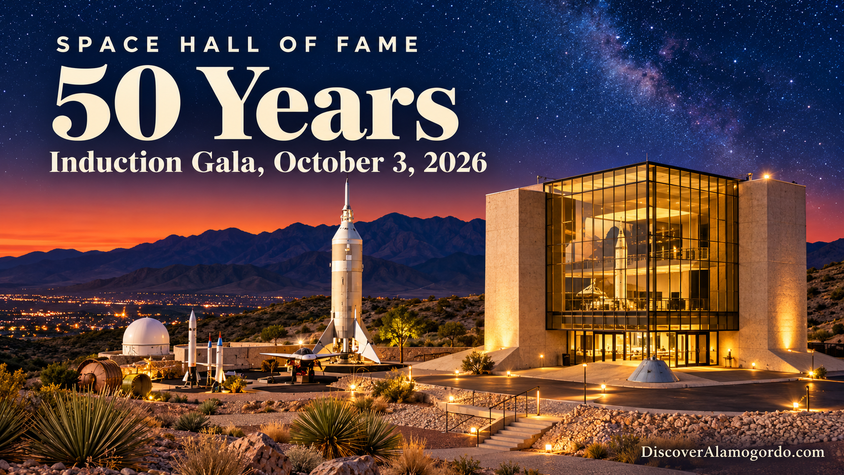 Illustration of the gold glass cube of the New Mexico Museum of Space History under a starry night sky with a rocket and the mountains behind it