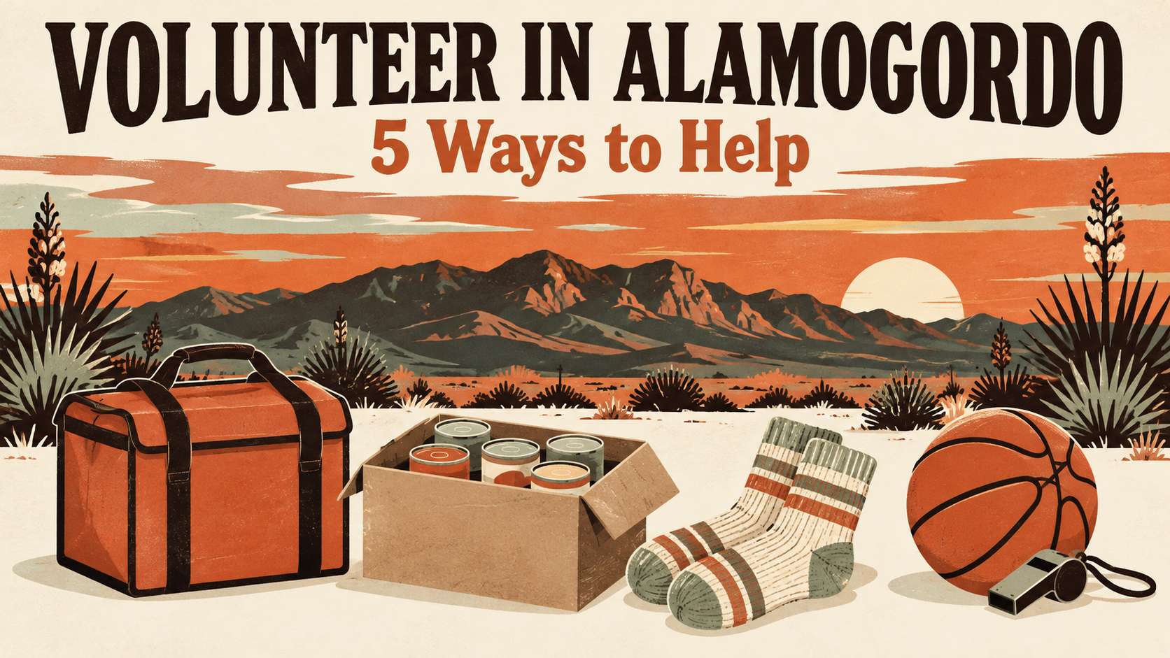 Illustrated poster of a meal delivery bag, a food box, a pair of socks and a basketball under a desert dusk sky, titled Volunteer in Alamogordo, 5 Ways to Help