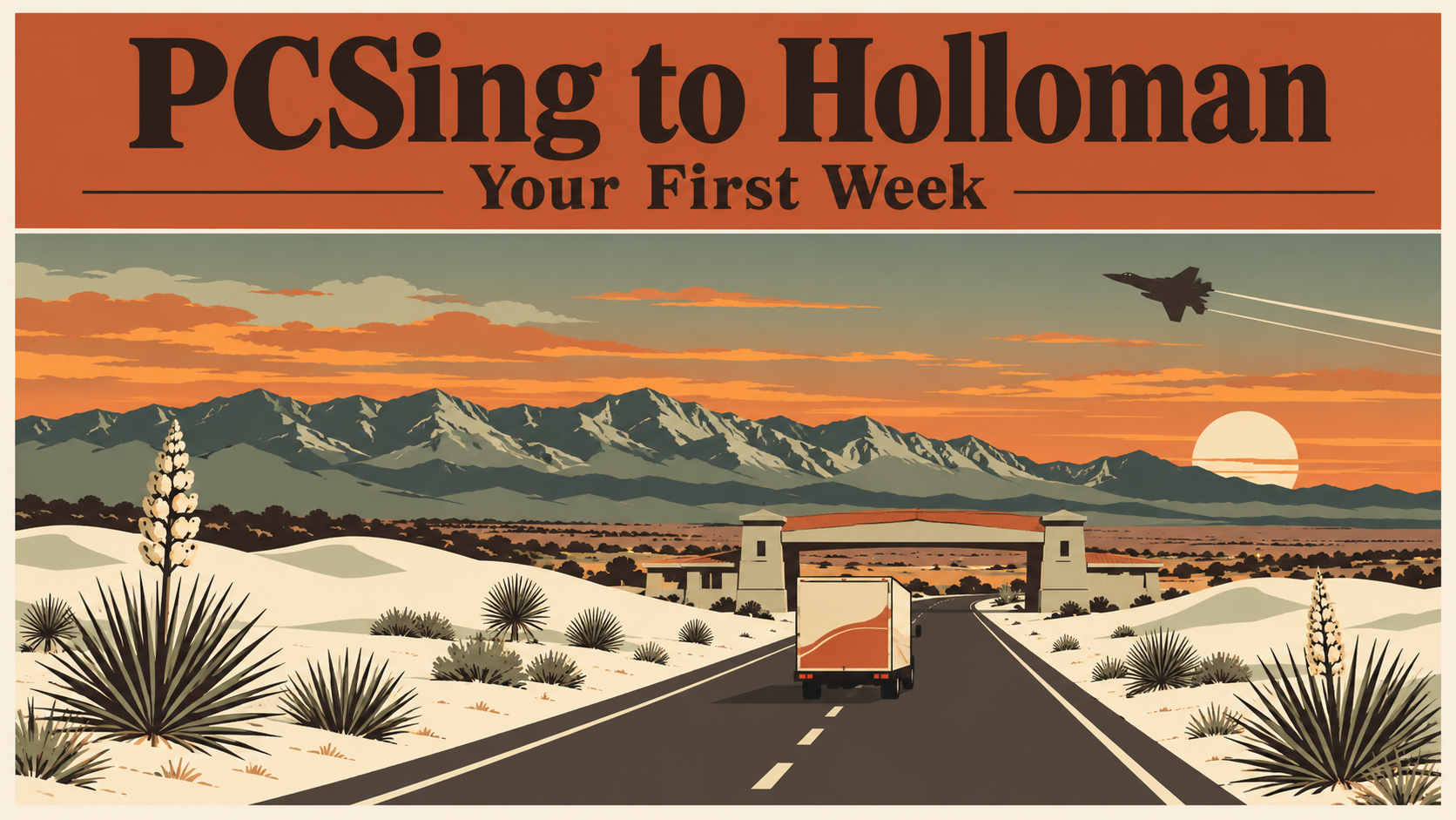 Illustrated travel poster of a moving truck on a desert road toward a gate with a fighter jet overhead, with the text PCSing to Holloman and Your First Week
