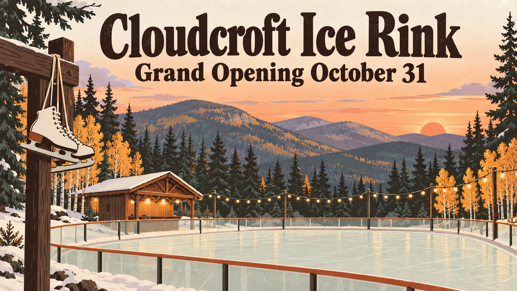 Flat travel poster illustration of a small outdoor ice rink with string lights surrounded by pines and golden aspens below the Sacramento Mountains at dusk, with the words Cloudcroft Ice Rink, Grand Opening October 31