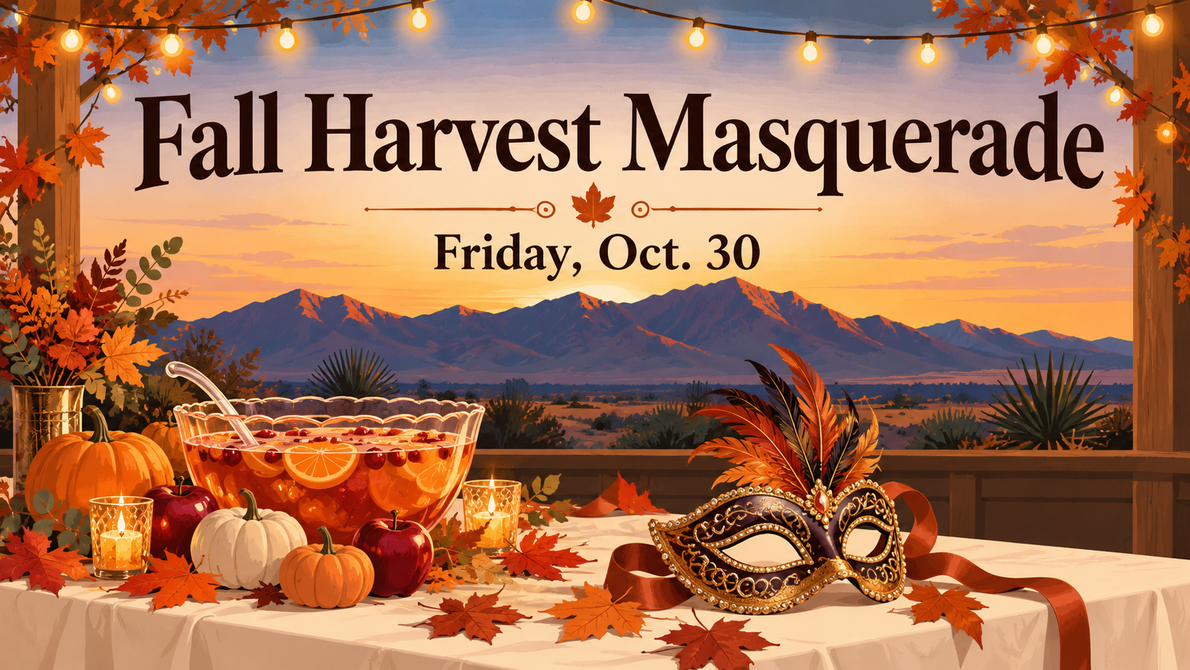 Flat illustration of a festive fall table with pumpkins, apples and autumn leaves beside a sparkly masquerade mask, cream and terracotta palette, headline reading Fall Harvest Masquerade and Friday, Oct. 30