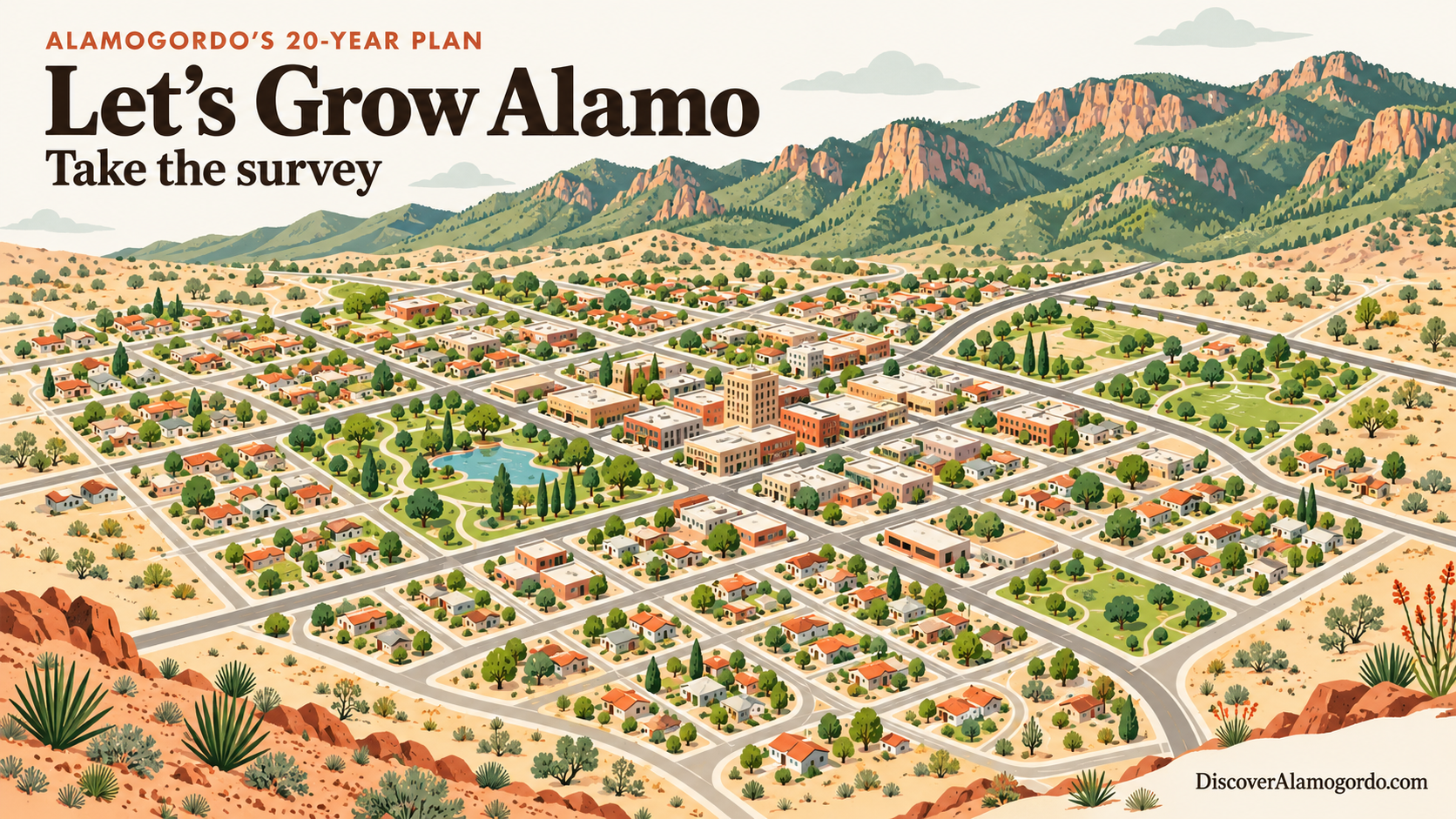 Illustrated map-style graphic of Alamogordo neighborhoods, roads and parks with the words Let's Grow Alamo