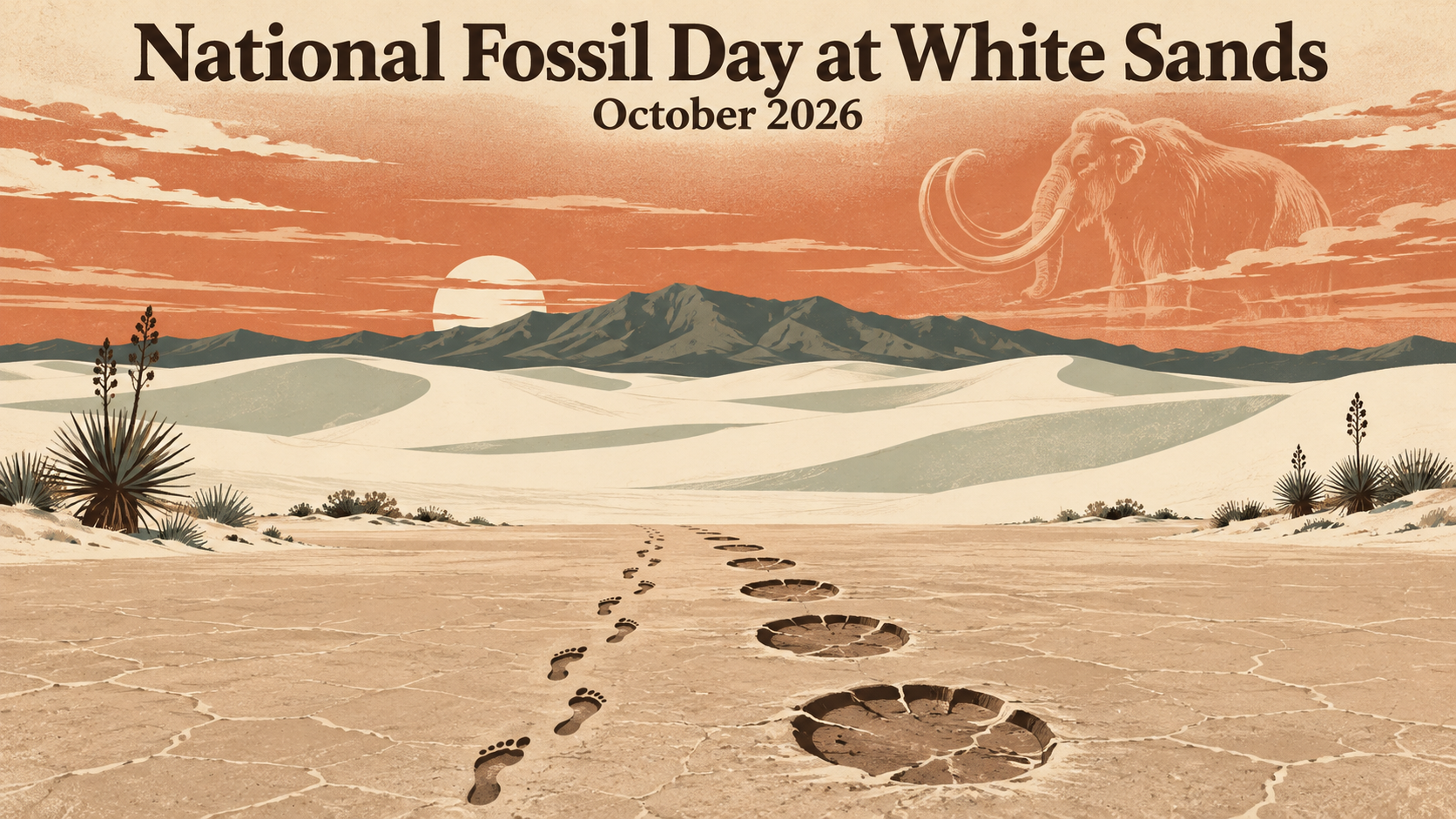 Flat travel poster illustration of white sand dunes at dusk with the Sacramento Mountains, fossilized human and mammoth footprints in the sand and the words National Fossil Day at White Sands, October 2026