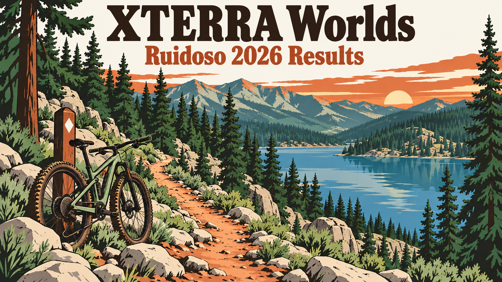 Illustrated poster of a mountain bike trail winding past pine trees and a blue mountain lake, with the words XTERRA Worlds, Ruidoso and 2026 Results