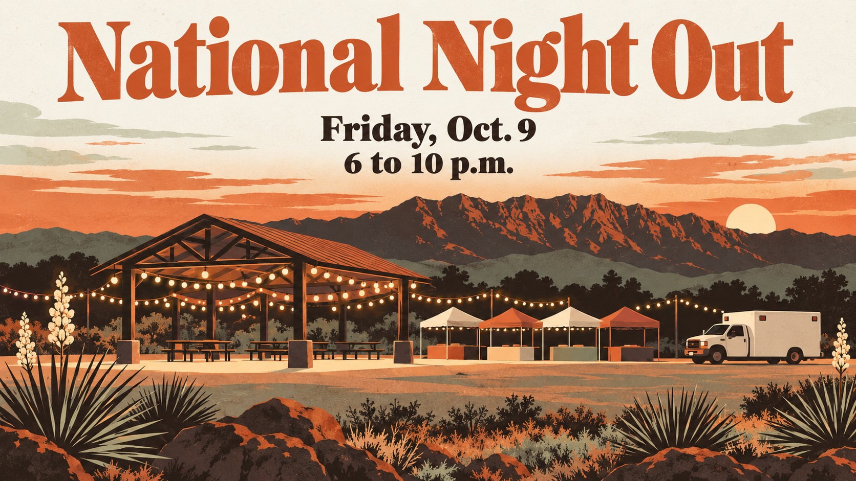 Illustrated poster of a community evening under string lights at a fairground pavilion at dusk with the text National Night Out, Friday, Oct. 9 and 6 to 10 p.m.