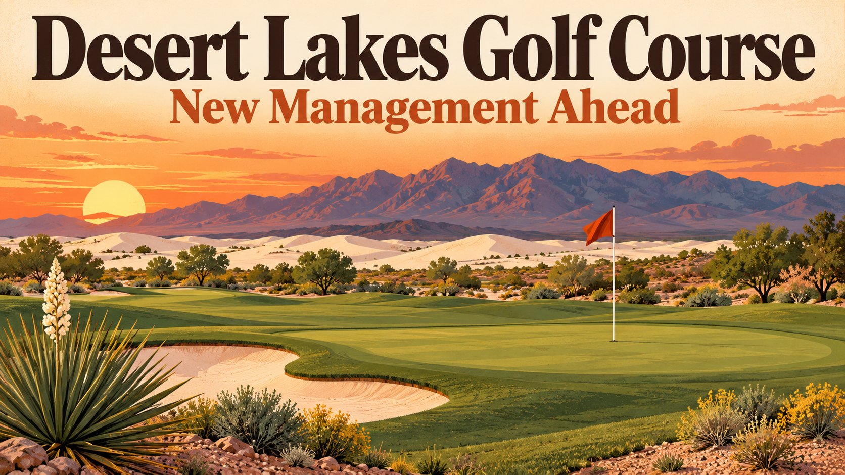 Illustration of a desert golf green with a flag, a yucca and white sand dunes below the Sacramento Mountains at dusk, with the words Desert Lakes Golf Course, New Management Ahead
