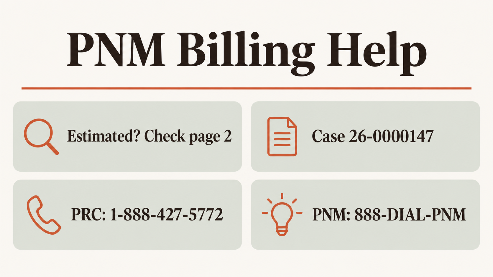 Stat card on a cream background with a serif headline reading PNM Billing Help and four sage tiles reading Estimated? Check page 2, Case 26-0000147, PRC: 1-888-427-5772 and PNM: 888-DIAL-PNM