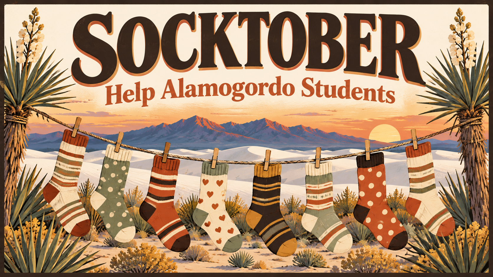 Illustrated poster of a clothesline of colorful socks in front of desert dunes and the Sacramento Mountains, titled Socktober, Help Alamogordo Students