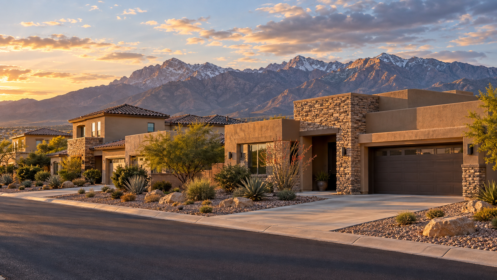 New single-story homes under construction in an Alamogordo neighborhood with mountains in the background