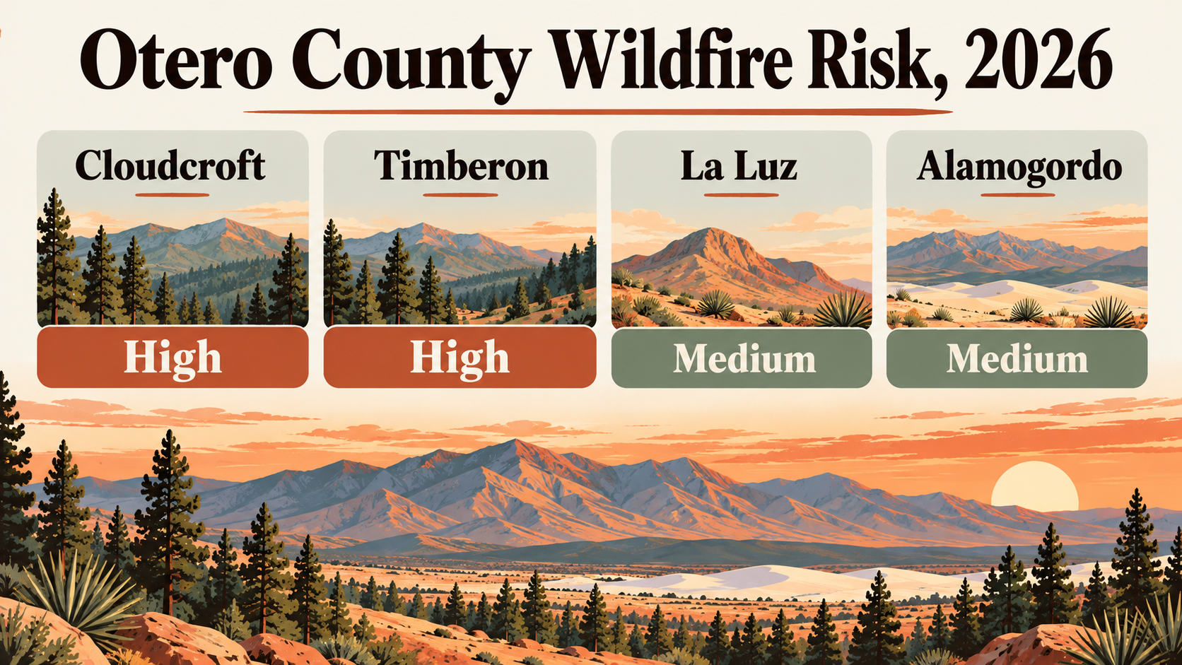 Illustrated poster headlined Otero County Wildfire Risk, 2026, with four panels showing pine forests and desert mountain scenes labeled Cloudcroft High, Timberon High, La Luz Medium and Alamogordo Medium, above a sunset view of the Sacramento Mountains, white sand dunes and pines.