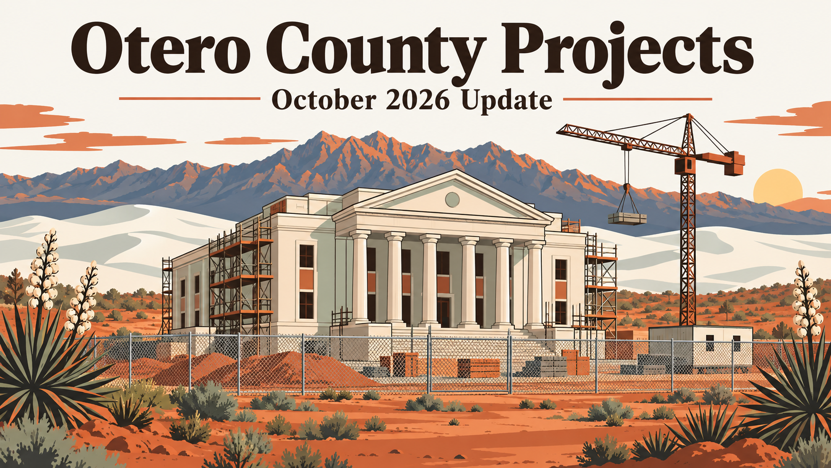 Illustrated poster of a simple courthouse building under construction with a fence and a crane, desert mountains behind, with the words Otero County Projects and October 2026 Update